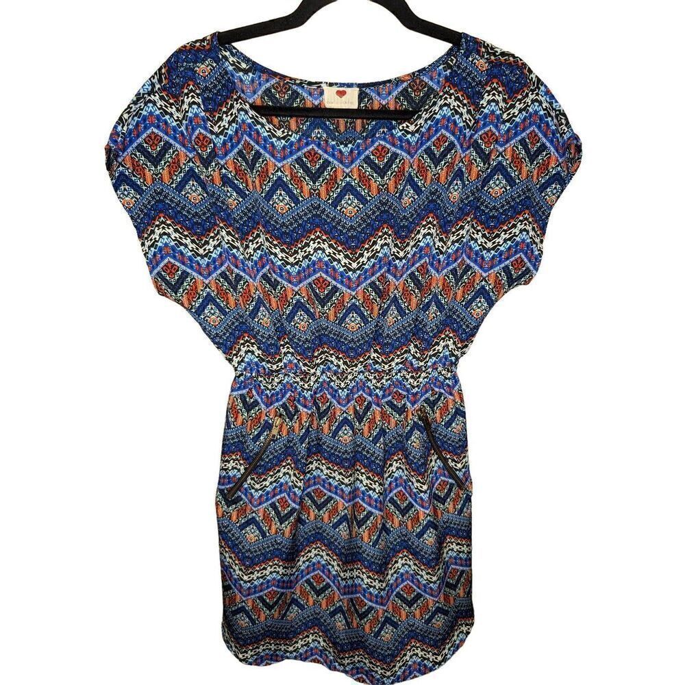 One Clothing Mini Dress Printed with Blue and Purple Tones with Striped Round Ne